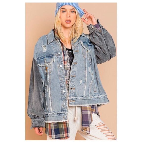 DENIM Distressed Jacket with Corduroy Sleeves Oversized Fit - Picture 9 of 16